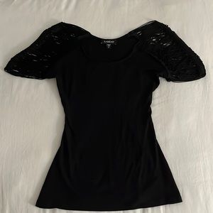 Bebe Black Shirt with Tassel Sleeves and Back Cutout, Size XS